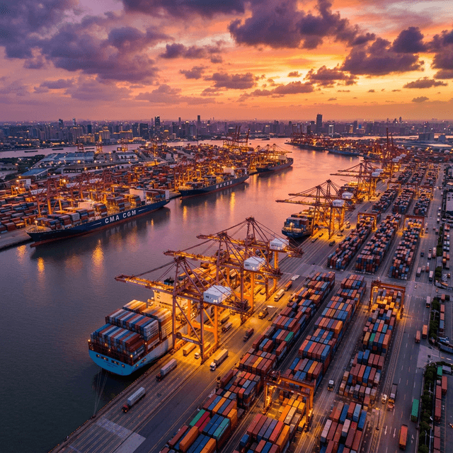 Aerial view of international shipping port at sunset — Nisha Overseas global exports